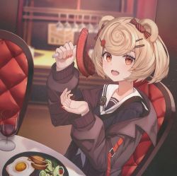 Rule 34 | 1girl, :d, alcohol, animal ears, arknights, bear ears, bear girl, black jacket, black shirt, blonde hair, blush, cup, drink, drinking glass, egg (food), film grain, food, food-themed hair ornament, fork, fried egg, gummy (arknights), hair ornament, hairclip, hb (qwqw1697), highres, holding, holding fork, indoors, jacket, long sleeves, looking at viewer, meat, nail polish, neckerchief, onion rings, open clothes, open jacket, open mouth, orange eyes, plate, red nails, restaurant, sailor collar, school uniform, serafuku, shirt, short hair, sitting, smile, solo, upper body, white neckerchief, white sailor collar, wine, wine glass
