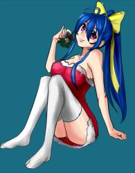 Rule 34 | 1girl, antenna hair, bare shoulders, blazblue, blazblue remix heart, blue hair, bow, breasts, christmas, drawfag, dress, genderswap, genderswap (mtf), hair ribbon, holly, large breasts, mai natsume, no shoes, panties, pantyshot, purple eyes, red dress, red skirt, ribbon, simple background, sitting, skirt, smile, solo, strapless, strapless dress, thighhighs, underwear, white thighhighs, yellow bow
