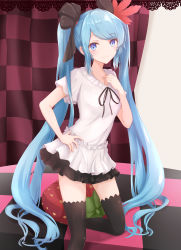 Rule 34 | absurdres, bed, black ribbon, black skirt, black thighhighs, blue eyes, blue hair, commentary, curtains, dress, feather hair ornament, feathers, feet out of frame, frilled dress, frills, hair ornament, hair ribbon, hand on own hip, hand on own chest, hatsune miku, highres, long hair, looking at viewer, neck ribbon, on one knee, red feathers, ribbon, skirt, smile, solo, strawberry-shaped pillow, supreme (module), thighhighs, twintails, very long hair, vocaloid, white dress, world is mine (vocaloid), yuzuaji, zettai ryouiki