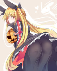Rule 34 | 1girl, arc system works, ass, blazblue, blonde hair, colored eyelashes, dress, expressionless, eyelashes, from behind, gothic lolita, hair ribbon, highres, jack-o&#039;-lantern, leaning, leaning forward, lolita fashion, long hair, looking at viewer, looking back, monaka (kaichuu shiruko), rachel alucard, red eyes, ribbon, skirt, solo, twintails, vampire, very long hair