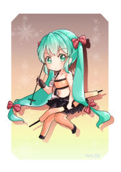 Rule 34 | 1girl, alternate costume, arrow (projectile), atu, bandeau, black hakama, black skirt, blue hair, bow, bow (weapon), chibi, closed mouth, commentary request, cosplay, crossover, floral background, floral print, gradient background, hadanugi dousa, hair bow, hair ornament, hakama, hakama short skirt, hakama skirt, hatsune miku, holding, holding arrow, holding bow (weapon), holding weapon, idol, japanese clothes, kantai collection, kimono, long hair, looking at viewer, open clothes, open kimono, orange background, orange thighhighs, pleated skirt, pout, red bow, shadow, shouhou (kancolle), shouhou (kancolle) (cosplay), signature, simple background, sitting, skirt, solo, sparkling eyes, striped, thighhighs, twintails, vocaloid, weapon, white background