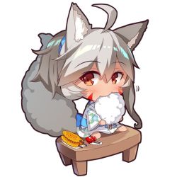 Rule 34 | 1girl, ahoge, animal ear fluff, animal ears, barefoot, blue bow, blush, bow, candy apple, chibi, closed mouth, commentary request, corn, cotton candy, dark-skinned female, dark skin, eating, facial mark, floral print, food, fox ears, fox girl, fox tail, grey hair, grilled corn, hair between eyes, holding, holding food, japanese clothes, kimono, long sleeves, looking at viewer, obi, original, plate, ponytail, print kimono, red eyes, sash, simple background, sitting, solo, tail, tail raised, white background, white kimono, wide sleeves, yuuji (yukimimi)