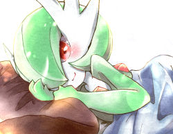 Rule 34 | 1girl, :3, blurry, blush, bob cut, bokeh, closed mouth, colored skin, creatures (company), depth of field, female focus, flat chest, game freak, gardevoir, gen 3 pokemon, green hair, green skin, hair over one eye, happy, looking at viewer, lying, mochopaccho, multicolored skin, nintendo, on side, one eye covered, own hands together, pillow, pokemon, pokemon (creature), red eyes, short hair, simple background, smile, solo, two-tone skin, under covers, upper body, white background, white skin