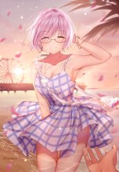 Rule 34 | 1girl, ^ ^, absurdres, arm up, armpits, bag, bare arms, bare shoulders, beach, bracelet, breasts, cleavage, closed eyes, collarbone, commentary request, dress, earrings, facing viewer, fate/grand order, fate (series), ferris wheel, fou (fate), glasses, grin, highres, jewelry, junpaku karen, long hair, mash kyrielight, mash kyrielight (senpai killer outfit), medium breasts, no bra, official alternate costume, outdoors, pendant, petals, pink hair, pixiv id, plaid, plaid dress, sand, short hair, shoulder bag, sky, sleeveless, sleeveless dress, smile, solo focus, star (symbol), star earrings, sun, sunlight, sunset, thigh gap, water
