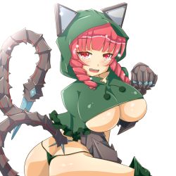 Rule 34 | 1girl, adapted costume, ass, blush, braid, breasts, butt crack, female focus, highres, himenomikan, hood, huge breasts, kaenbyou rin, open mouth, panties, red hair, solo, symbol-shaped pupils, tail, thong, touhou, translation request, twin braids, underboob, underwear, white background