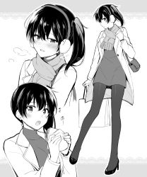 Rule 34 | 1girl, alternate costume, bag, blush, closed mouth, coat, commentary request, dress, earmuffs, eating, greyscale, hair between eyes, handbag, high heels, holding, kaga (kancolle), kantai collection, long sleeves, looking at viewer, medium hair, monochrome, multiple views, open clothes, open coat, open mouth, pantyhose, rui shi (rayze ray), scarf, shoes, shoulder bag, side ponytail, simple background, smile, standing, steam, white background