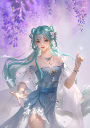 Rule 34 | 1girl, absurdres, bare shoulders, blue dress, blue hair, bracelet, douluo dalu, dress, flower, hair ornament, hair rings, hand outstreched, highres, jewelry, looking at viewer, necklace, open mouth, sash, solo, tang wutong (douluo dalu), tang wutong tongren she, teeth, upper body, wisteria