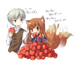 Rule 34 | 00s, animal ears, apple, blue eyes, blush stickers, brown eyes, brown hair, chibi, comic, craft lawrence, eating, fang, food, fruit, holding, holding food, holding fruit, holo, long hair, sakura sora, sakurano miya, spice and wolf, tail, tail wagging, translated, white hair, wolf ears, wolf tail