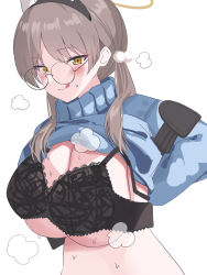 Rule 34 | 1girl, :q, animal ears, blue archive, blue sweater, blush, bra, breasts, brown hair, clothes pull, fake animal ears, glasses, hair ornament, halo, highres, lingerie, long hair, looking at viewer, moe (blue archive), navel, round eyewear, solo, steam, sweat, sweater, sweater pull, tongue, tongue out, tsumayouji (tumayog), twintails, underwear, untying, white background, yellow eyes