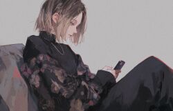 Rule 34 | 1boy, 96yottea, black hair, black pants, black shirt, blonde hair, brown hair, closed mouth, fingernails, haikyuu!!, highres, holding, holding phone, indoors, jewelry, knee up, kozume kenma, male focus, multicolored hair, necklace, off shoulder, pants, phone, shirt, short hair, sidelocks, simple background, sitting, smile, solo, two-tone hair