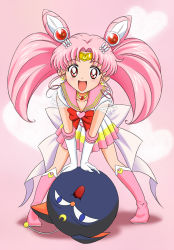 Rule 34 | 1girl, :d, absurdres, bishoujo senshi sailor moon, boots, bow, brooch, chibi usa, choker, cone hair bun, crescent, crescent earrings, double bun, earrings, elbow gloves, full body, gloves, hair bun, hair ornament, hairpin, happy, heart, heart brooch, highres, jewelry, knee boots, luna-p, magical girl, multicolored clothes, multicolored skirt, open mouth, pink background, pink footwear, pink hair, pleated skirt, red bow, red eyes, sailor chibi moon, sailor collar, short hair, simple background, skirt, smile, solo, soukichi, super sailor chibi moon, tiara, toy, twintails, white gloves