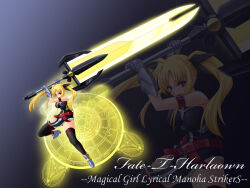 Rule 34 | 1girl, arm belt, armored gloves, armored shoes, bardiche (nanoha), bardiche (zanber form) (nanoha), belt, blonde hair, breasts, character name, copyright name, energy sword, fate testarossa, fate testarossa (true sonic form), full body, hayami kyuuen, highres, holding, holding sword, holding weapon, large breasts, lyrical nanoha, magic circle, magical girl, mahou shoujo lyrical nanoha strikers, red belt, red eyes, solo, sword, thighhighs, twintails, weapon, zoom layer