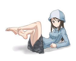 Rule 34 | 10s, 1girl, arm support, artist name, bad id, bad pixiv id, barefoot, blue hat, breasts, brown eyes, brown hair, feet, full body, girls und panzer, hat, highres, light smile, long hair, looking at viewer, lying, mika (girls und panzer), on back, pleated skirt, simple background, skirt, soles, solo, souji kurokawa, toe scrunch, toes, white background