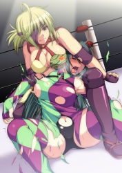 Rule 34 | 2girls, blonde hair, blush, breasts, breath, cleavage, eyepatch, closed eyes, green hair, himuro shizuku, holding, kupala, large breasts, leotard, multiple girls, musumi hazuki, open mouth, ponytail, restrained, ryona, short hair, smile, submission, submission hold, thighhighs, torn clothes, trembling, wrestle angels, wrestling, wrestling ring
