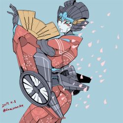 Rule 34 | 1girl, alternate costume, artist name, autobot, blue background, blue eyes, cherry blossoms, clothed robot, dated, dress, floral print, flower, folding fan, geisha, hand fan, holding, holding fan, japanese clothes, kamizono (spookyhouse), kimono, lips, looking at viewer, machine, machinery, mecha, paper fan, petals, robot, solo, transformers, twitter username, wide sleeves, windblade, yukata