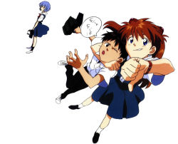 Rule 34 | 1boy, 2girls, ;o, arm around neck, ayanami rei, bag, bag charm, bird, black eyes, black hair, black legwear, blue eyes, blue hair, breasts, buckle, charm (object), clenched hand, dutch angle, english text, expressionless, foreshortening, from above, grin, hair ornament, holding, ikari shinji, leg up, legs apart, loafers, long hair, looking at viewer, looking back, multiple girls, neon genesis evangelion, official art, one eye closed, outstretched arm, pants, penguin, penpen, pleated skirt, red hair, ribbon, scan, school bag, school uniform, shirt, shoes, short hair, short sleeves, simple background, skirt, small breasts, smile, sneakers, souryuu asuka langley, speech bubble, standing, suspender skirt, suspenders, text focus, thumbs down, tsurumaki kazuya, watch, white background, white legwear, wince, wristwatch