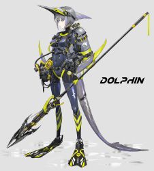 Rule 34 | 1girl, bodysuit, breasts, breasts apart, covered navel, diving mask, diving mask on head, diving regulator, diving suit, english text, fins, flippers, gloves, goggles, goggles on head, grey eyes, grey hair, highres, holding, holding polearm, holding spear, holding weapon, original, polearm, science fiction, scuba, scuba tank, short hair, small breasts, solo, spear, standing, swav, tail, watch, weapon, wetsuit, white background, wristwatch