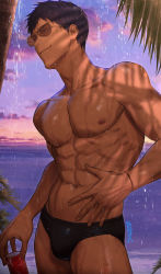 Rule 34 | 1boy, abs, aomine daiki, artist name, aviator sunglasses, black hair, black male swimwear, bulge, can, collarbone, cowboy shot, drink can, dripping, dusk, hand on own stomach, holding, holding can, horizon, kuroko no basuke, looking away, male focus, male swimwear, muscular, muscular male, navel, nipples, ocean, outdoors, palm tree, pectorals, short hair, signature, smile, smirk, soda can, solo, standing, sunglasses, swim briefs, tree, tree shade, veins, veiny arms, water drop, wet, wristband, zawar379