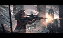 Rule 34 | 1girl, animal ear headphones, animal ears, anti-materiel cartridge, anti-materiel rifle, bad id, bad pixiv id, blue eyes, bridal gauntlets, brown hair, building, bullpup, city, commentary request, english text, fake animal ears, finger on trigger, firing, from side, full-power cartridge, gepard gm6 lynx, girls&#039; frontline, gm6 lynx (girls&#039; frontline), gun, headphones, highres, holding, holding gun, holding weapon, hood, hood down, hungarian commentary, letterboxed, magnum cartridge, profile, rifle, rifle cartridge, scenery, scope, semi-automatic firearm, semi-automatic rifle, shell casing, short hair, skyscraper, sniper rifle, solo, upper body, weapon, yurichtofen