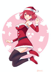 Rule 34 | 1girl, :d, absurdres, alternate costume, belt, breasts, dress, earrings, full body, hat, highres, jewelry, large breasts, looking at viewer, mixed-language commentary, open mouth, pyra (xenoblade), reason3 s, red eyes, red hair, santa dress, santa hat, short hair, smile, solo, swept bangs, thighhighs, xenoblade chronicles (series), xenoblade chronicles 2