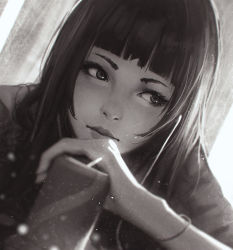 Rule 34 | 1girl, black eyes, black hair, blunt bangs, blurry, bokeh, cafe, can, depth of field, dutch angle, expressionless, greyscale, guweiz, ilya kuvshinov (style), lips, long hair, looking to the side, monochrome, nose, original, solo, upper body