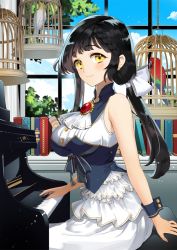Rule 34 | 1girl, bird, birdcage, black hair, blue sky, blush, book, breasts, brooch, cage, cockatiel, day, dress, instrument, jewelry, long hair, looking at viewer, medium breasts, official art, parrot, piano, piano bench, pin1004, sid story, sitting, sky, smile, solo, white dress, white neckwear, window, wrist cuffs, yellow eyes