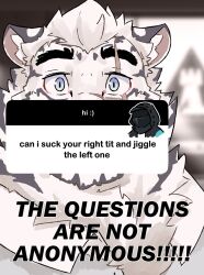 Rule 34 | 1boy, 1other, animal ears, arknights, blue eyes, commentary, cross scar, doctor (arknights), english commentary, english text, facial scar, furry, furry male, koo (judicatorkoo), looking at viewer, male focus, meme, mountain (arknights), mountain (book reader) (arknights), multiple scars, official alternate costume, rhodes island logo (arknights), scar, scar across eye, scar on cheek, scar on face, scar on nose, shirt, smile, surprised, the questions are not anonymous (meme), tiger boy, tiger ears, tiger stripes, white shirt