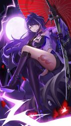 Rule 34 | 1girl, absurdres, acheron (honkai: star rail), asymmetrical footwear, black choker, black gloves, black shorts, boots, breasts, chain, choker, cleavage, coat, coattails, commentary, crossed legs, detached sleeves, flower, gloves, hair over one eye, highres, holding, holding sword, holding umbrella, holding weapon, honkai: star rail, honkai (series), leg tattoo, lightning, long hair, midriff, multicolored hair, navel, oil-paper umbrella, purple eyes, purple hair, red flower, red umbrella, scabbard, sheath, sheathed, short shorts, shorts, single bare shoulder, soha (416 soha), solo, stomach, streaked hair, sword, tattoo, thigh boots, umbrella, weapon, white coat