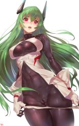 Rule 34 | 1girl, artist name, bare shoulders, blush, bodysuit, borrowed character, breasts, cameltoe, cleft of venus, covered navel, cowboy shot, eyebrows, fingerless gloves, gloves, green hair, hair between eyes, headgear, highres, large breasts, long hair, menou kaname (taishi), open mouth, original, panties, panty pull, red eyes, simple background, skin tight, solo, standing, teeth, underwear, very long hair, white background, white gloves, white panties, yd (orange maru)