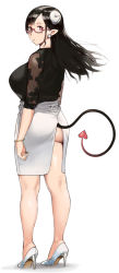 Rule 34 | 1girl, ass, back slit, bad id, bad pixiv id, bare legs, black hair, black shirt, bracelet, breasts, closed mouth, commentary, conto, curled horns, demon girl, earrings, from behind, full body, high heels, highres, horns, jewelry, large breasts, long hair, looking at viewer, looking back, original, pink-framed eyewear, pink eyes, pointy ears, semi-rimless eyewear, shirt, skirt, solo, standing, tail, under-rim eyewear, white footwear, white skirt