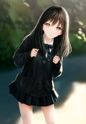Rule 34 | 1girl, absurdres, black hair, blurry, blurry background, blush, bow, brown eyes, bush, cardigan, closed mouth, collared shirt, day, green bow, green cardigan, green skirt, highres, leaning to the side, long hair, long sleeves, looking at viewer, necktie, ojay tkym, original, outdoors, outline, pleated skirt, school uniform, shirt, signature, skirt, smile, solo, standing, sunlight, white shirt