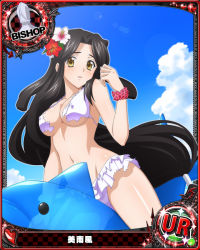 Rule 34 | 10s, 1girl, artist request, bikini, bishop (chess), black hair, breasts, brown eyes, card (medium), character name, chess piece, covered erect nipples, flower, flower bracelet, hair flower, hair ornament, high school dxd, inflatable dolphin, inflatable toy, long hair, midriff, mihae (high school dxd), official art, solo, swimsuit, torn bikini, torn clothes, torn swimsuit, trading card, very long hair