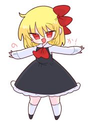 Rule 34 | 1girl, ascot, black dress, blonde hair, collared shirt, dress, hair ribbon, highres, op na yarou, open mouth, outstretched arms, red ascot, red eyes, red footwear, red ribbon, ribbon, rumia, shirt, short hair, simple background, smile, solo, spread arms, touhou, white background, white shirt