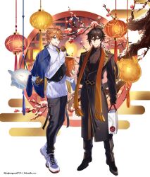 Rule 34 | 2boys, :q, alternate costume, antenna hair, bag, belt, black belt, black coat, black footwear, black gloves, black pants, blue eyes, blue jacket, box, branch, brown hair, brown jacket, chinese clothes, closed mouth, coat, earrings, egasumi, fanny pack, flower, food, full body, genshin impact, gloves, hair between eyes, holding, holding bag, holding box, holding food, jacket, jacket on shoulders, jewelry, lantern, lapels, long hair, long sleeves, looking at viewer, low ponytail, male focus, multiple boys, notched lapels, orange hair, orange scarf, pants, paper lantern, plum blossoms, red flower, ring, scarf, shoes, shopping bag, short hair, single earring, sneakers, snow, standing, stole, stuffed toy, sweater, tangzhuang, tartaglia (genshin impact), tassel, tassel earrings, tongue, tongue out, turtleneck, turtleneck sweater, two-sided fabric, two-sided jacket, white footwear, white sweater, xia (ryugo), yellow eyes, zhongli (genshin impact)