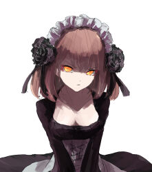 Rule 34 | 1girl, bad id, bad pixiv id, black dress, black flower, breasts, brown hair, character request, closed mouth, collarbone, copyright request, dress, flower, hair ornament, highres, looking at viewer, maid headdress, medium breasts, ninniku mashimashi, orange eyes, simple background, small breasts, solo, upper body, white background