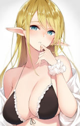 Rule 34 | 1girl, anza tomo, bikini, bikini top only, black bikini, blonde hair, blue eyes, breasts, cleavage, elf, frill trim, frills, front-tie bikini top, front-tie top, gradient background, hand to own mouth, highres, large breasts, long hair, off shoulder, original, parted lips, pointy ears, scrunchie, sidelocks, simple background, solo, swimsuit, upper body, wrist scrunchie