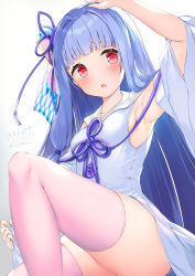 Rule 34 | 1girl, absurdres, armpits, blue hair, blue ribbon, blue sleeves, blush, bow, breasts, hair ornament, hair ribbon, highres, kotonoha aoi, light blue hair, long hair, looking at viewer, medium breasts, ochinsama, open mouth, pink thighhighs, red eyes, ribbon, simple background, skirt, solo, thighhighs, thighs, voiceroid