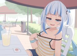 Rule 34 | 1girl, bare arms, bare shoulders, bloop (gawr gura), blue eyes, blue hair, blush, breasts, camisole, commentary, day, english commentary, fang, gawr gura, grey hair, half-closed eyes, hand up, highres, hololive, hololive english, hot, long hair, looking at viewer, multicolored hair, open mouth, outdoors, seductive smile, shorts, sitting, small breasts, smile, solo, strap slip, sunglasses, sweat, tenroy, twintails, two-tone hair, virtual youtuber, wristband