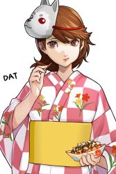 1girl :t brown_eyes brown_hair checkered_clothes checkered_kimono da-cart floral_print food fox_mask hand_up highres holding japanese_clothes kimono long_sleeves looking_at_viewer mask mask_on_head obi persona persona_3 sash short_hair simple_background solo takeba_yukari upper_body white_background yellow_sash