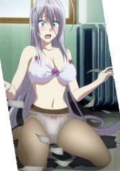 Rule 34 | 10s, 1girl, aqua eyes, blush, bra, breasts, high school dxd, highres, large breasts, long hair, open mouth, panties, pantyhose, rossweisse, silver hair, solo, stitched, tears, third-party edit, underwear