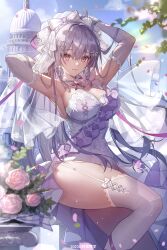 Rule 34 | 1girl, absurdres, arm behind head, armpits, arms up, blue sky, breasts, bridal veil, bride, bug, building, butterfly, cleavage, closed mouth, cloud, commentary request, dress, elbow gloves, falling petals, feet out of frame, flower, frills, garter straps, gloves, highres, insect, jewelry, large breasts, long hair, looking at viewer, necklace, original, outdoors, pearl necklace, petals, pink eyes, pink flower, pink rose, purple dress, purple hair, rose, sky, smile, solo, strapless, strapless dress, thighhighs, veil, very long hair, white thighhighs, yolanda