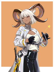 Rule 34 | 1girl, absurdres, animal ears, arknights, black gloves, black skirt, breasts, carnelian (arknights), cleavage, closed eyes, coat, commentary request, cowboy shot, dark skin, gloves, highres, holding, holding instrument, horns, instrument, large breasts, midriff peek, open clothes, open coat, shijie jianfa, shirt, short hair, skirt, solo, standing, star (symbol), triangle (instrument), white coat, white hair, white shirt