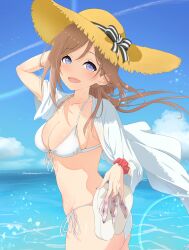 Rule 34 | 1girl, arm behind head, bikini, blush, breasts, brown hair, cleavage, collarbone, commentary request, contrail, floating hair, front-tie bikini top, front-tie top, gakuen idolmaster, hat, highres, himesaki rinami, holding sandals, idolmaster, long hair, looking at viewer, medium breasts, nokino shida, open clothes, open shirt, outdoors, sandals, scrunchie, shirt, side-tie bikini bottom, sideboob, smile, solo, stomach, straw hat, string bikini, swimsuit, unworn sandals, white bikini, white shirt, wrist scrunchie