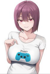 Rule 34 | 1girl, blush, breasts, clothes writing, controller, english text, half-closed eyes, hand on own chest, hashi, large breasts, looking at viewer, original, purple hair, red eyes, shirt, short hair, short sleeves, simple background, smile, upper body, white background, white shirt