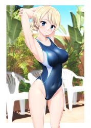 Rule 34 | 1girl, absurdres, arms behind head, banana tree, blonde hair, blue eyes, blue one-piece swimsuit, braid, breasts, chair, commentary request, competition swimsuit, covered navel, cowboy shot, darjeeling (girls und panzer), girls und panzer, highres, medium breasts, multicolored clothes, multicolored swimsuit, one-piece swimsuit, photo background, short hair, solo, swimsuit, takafumi, twin braids