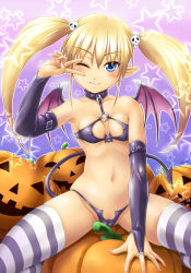 Rule 34 | ;), absurdres, animal print, areola slip, bat print, blonde hair, blue eyes, blush, breasts, cameltoe, cleavage cutout, clothing cutout, collar, covered erect nipples, demon girl, demon tail, demon wings, elbow gloves, gloves, hair bobbles, hair ornament, highres, jack-o&#039;-lantern, kagehara hanzou, micro panties, navel, o-ring, o-ring top, one eye closed, original, panties, partially visible vulva, pointy ears, pumpkin, sitting, sitting on object, skull hair ornament, small breasts, smile, solo, spread legs, star (symbol), striped clothes, striped thighhighs, tail, thighhighs, twintails, underwear, v over eye, wings