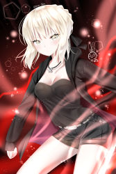 Rule 34 | 1girl, absurdres, animal print, aro 1801, artoria pendragon (all), artoria pendragon (fate), black jacket, black shirt, blonde hair, blush, braid, breasts, cleavage, collarbone, fate/grand order, fate (series), hair ribbon, highres, jacket, jewelry, long sleeves, looking at viewer, medium breasts, necklace, official alternate costume, rabbit print, ribbon, saber alter, saber alter (ver. shinjuku 1999) (fate), shirt, short shorts, shorts, solo, yellow eyes