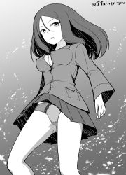 Rule 34 | 1girl, breasts, cleavage, commentary, cowboy shot, crotch seam, girls und panzer, greyscale, jacket, light particles, long hair, long sleeves, looking at viewer, medium breasts, miniskirt, monochrome, no bra, nonna (girls und panzer), one-hour drawing challenge, open mouth, panties, pantyshot, partially unbuttoned, pleated skirt, pravda school uniform, rebirth42000, school uniform, shirt, skirt, solo, standing, swept bangs, turtleneck, twintails, underwear, wind, wind lift