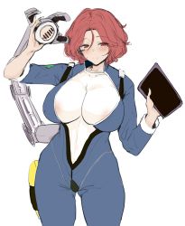 Rule 34 | 1girl, artificial vagina, bar censor, berserkert, blush, breasts, censored, cleavage, highres, huge breasts, last origin, red eyes, sex toy, short hair, simple background, smile, solo, white background