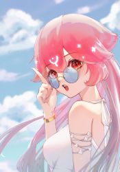 Rule 34 | 1girl, a dan, bao (vtuber), bracelet, breasts, cloud, commentary, dress, english commentary, from side, highres, indie virtual youtuber, jewelry, long hair, looking at viewer, medium breasts, open mouth, pink hair, pointing, red eyes, round eyewear, sky, solo, sunglasses, virtual youtuber, white dress
